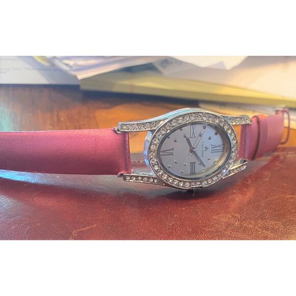 Women's 27mm Louis Arden Watch, Silver Tone with Crystal Accents, Leather Band - Picture 2 of 3